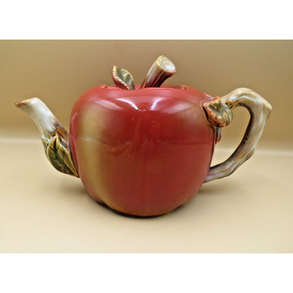 Unmarked Apple Themed Tabletop Teapot Deep Red w/Realistic Stem and Foilage